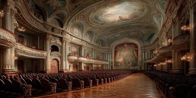 Elegant theater interior with ornate architecture and chandelier lighting in a grand hall photo