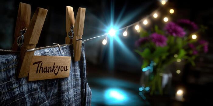 Thank you note hanging on a line with decorative lights and flowers creating a cozy atmosphere in an indoor setting photo