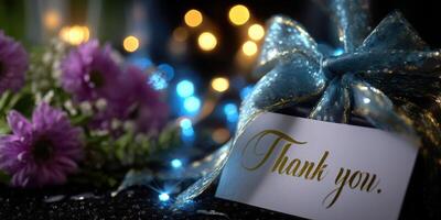 Elegant thank you card with blue ribbon and purple flowers on a dark, festive background photo
