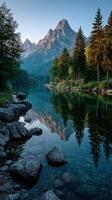 Reflections of majestic mountains at dawn by a serene lake in a lush valley scene photo