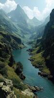 Majestic mountain views alongside a winding river in a serene valley during the late afternoon sun photo