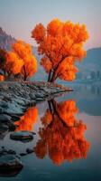 Autumn trees with vibrant orange leaves reflecting on still lake water in a serene landscape at sunset photo