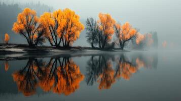 Reflections of vibrant autumn trees in still water during a misty morning by the river photo