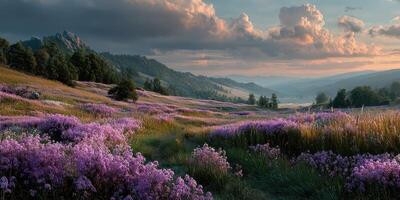 Colorful wildflower meadow at sunset with mountains in the background photo