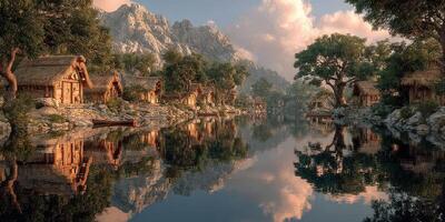 Serene lakeside village nestled among mountains at dusk with reflective waters and lush greenery photo