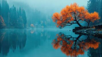 Fall foliage reflects on tranquil lake at dawn with misty mountains in the background photo