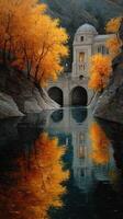 Vibrant autumn colors reflecting in calm waters near historic architecture in a serene landscape setting photo