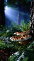 Mushrooms growing on a tree trunk in a lush forest with sunlight filtering through trees during early morning photo