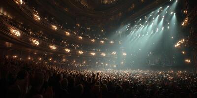 Crowded concert venue with thousands of excited fans enjoying a live performance during the evening photo