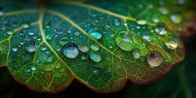 Close-up view of fresh green leaf with water droplets captured after rain in a garden during early morning hours photo