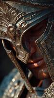 Warrior in intricately designed helmet displays fierce determination during medieval reenactment photo