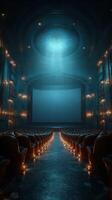 Elegant empty theater with illuminated seating at night featuring a grand stage and dramatic lighting effects photo