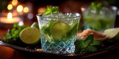 Refreshing mojito cocktail served with fresh mint and lime in a cozy setting during the evening photo
