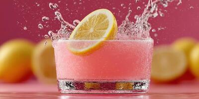 Refreshing pink lemonade in a glass with lemon slice and splashes against a vibrant background photo