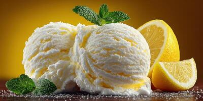 Lemon sorbet served with fresh mint leaves and lemon slices on a rustic wooden table photo