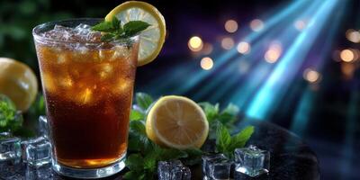 Refreshing iced tea with lemon and mint served in a glass on a dark table with ambient lighting photo