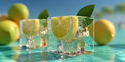Refreshing lemonade drinks with ice and lemon slices on a sunny day by the poolside photo