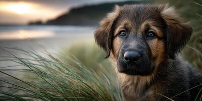 Young dog sitting on grass by the beach at sunset with a scenic view in the background photo
