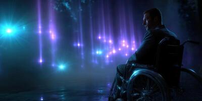 Man in a wheelchair reflects on life under colorful lights in an emotional evening setting photo