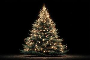 Decorated Christmas tree illuminated with lights and ornaments in dark setting photo