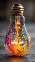 Colorful liquid swirling inside a light bulb creating a vibrant artistic display photo
