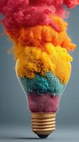 Colorful powder explosion inside a light bulb creating a striking visual effect in artistic composition photo