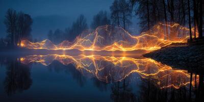 Stunning river reflection with vibrant light trails during twilight in a serene natural landscape photo