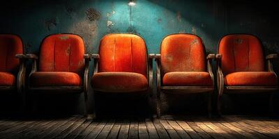 Old theater seats lined up against a textured blue wall in a dimly lit hall photo