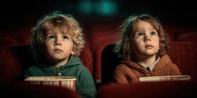 Children enjoy a captivating film in a cozy movie theater during a weekend afternoon photo