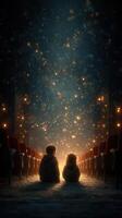 Children enjoy a magical moment in a dimly lit theater filled with sparkling lights during a captivating performance photo