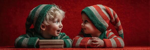 Cheerful children dressed in festive elf attire celebrating the holiday season with joy and laughter in a cozy indoor setting photo