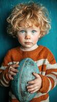 Young child with curly hair holding a rugby ball in a cozy sweater against a vibrant blue background photo