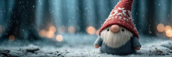Festive gnome stands in a snowy forest during winter, surrounded by softly glowing lights and falling snowflakes photo