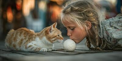 Young girl interacts affectionately with a playful orange cat on a wooden surface during golden hour photo