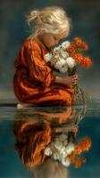 Young child kneels by water holding colorful flowers while reflecting on serene nature in stunning sunlight photo