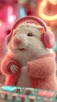 Festive hamster DJ creates an upbeat atmosphere with colorful lights and electronic beats in a lively club setting photo