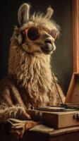 Llama in sunglasses enjoys music while spinning records in a cozy room during the afternoon photo