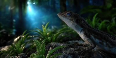 Lizard basking under soft blue light in a lush forest setting, showcasing intricate details and textures photo