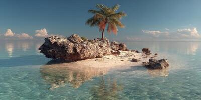 Serene tropical island with palm tree surrounded by calm turquoise waters under a clear sky at sunrise photo