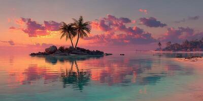 Sunset over calm waters with palm trees and tranquil island in a tropical paradise photo