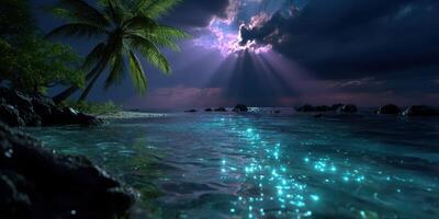Dramatic nighttime seascape with lightning illuminating the water and palm trees on a tropical shore photo
