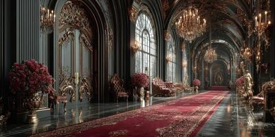 Luxurious hallway adorned with chandeliers and elegant furniture in a grand historic building photo