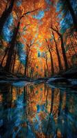 Vibrant autumn colors reflect in a serene forest stream under a clear blue sky photo