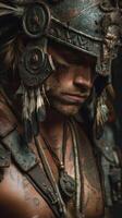 Medieval warrior adorned with intricate armor and tribal accessories captures the essence of battle readiness and strength photo