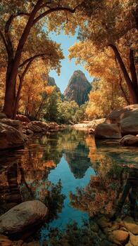 Stunning autumn vista with vibrant colors and serene reflection in a peaceful river setting photo