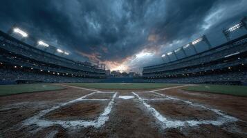 Dramatic evening sky over baseball stadium during a tense game under darkening clouds photo