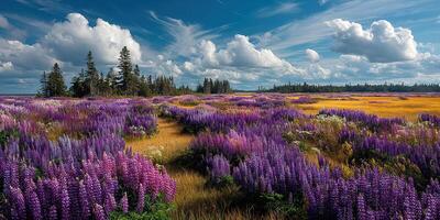 Stunning wildflower field with vibrant purple lupins under a clear blue sky in late spring photo