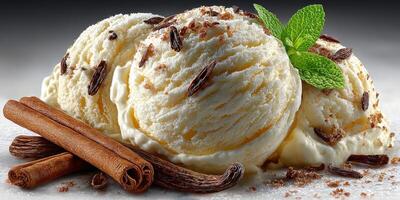 Delicious vanilla ice cream topped with chocolate shavings and fresh mint served with cinnamon sticks photo