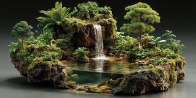 Miniature landscape with waterfall and lush greenery designed for tranquil relaxation photo