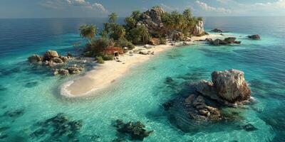 Tropical island paradise with clear turquoise waters and lush greenery under a bright blue sky photo